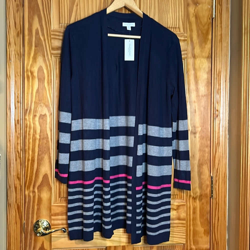 Charter club cardigan. Blue with gray and pink stripe. Super cute and comfy! NWT